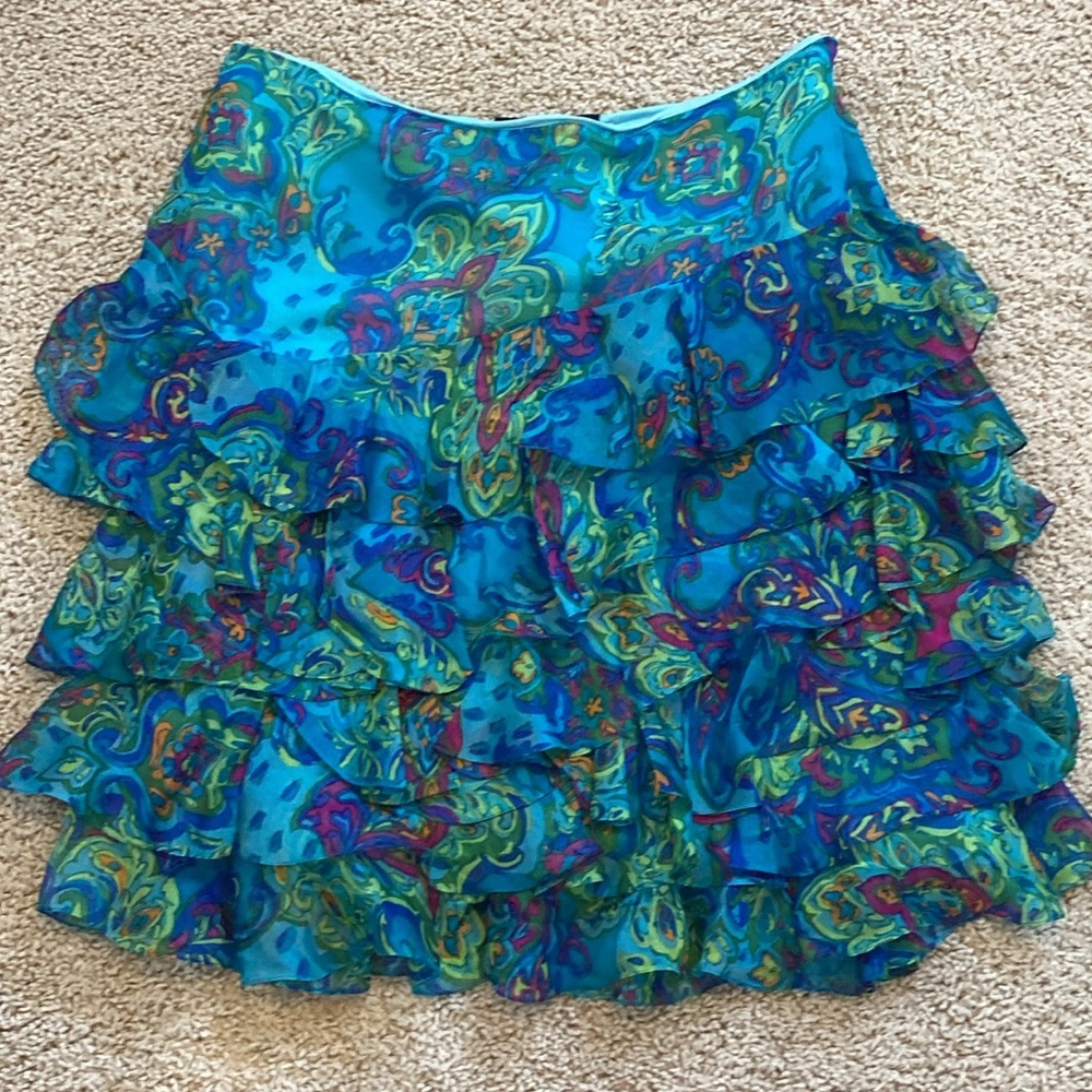 Ralph Lauren Blue Floral Ruffle Skirt 100% Silk